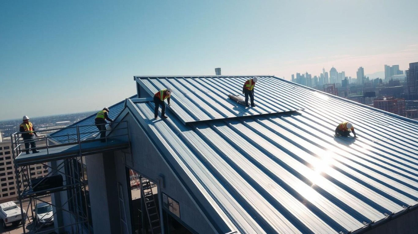 Professional roofing crew installing commercial metal roof in Coachella, California